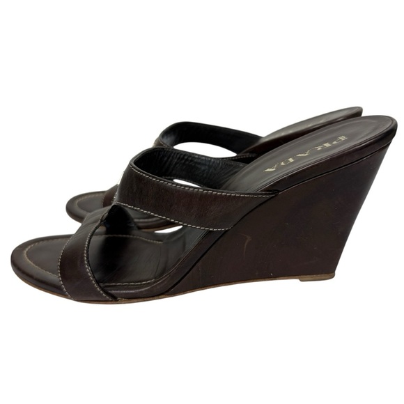 Prada Brown Leather Logo Wedge Sandals - Picture 5 of 8